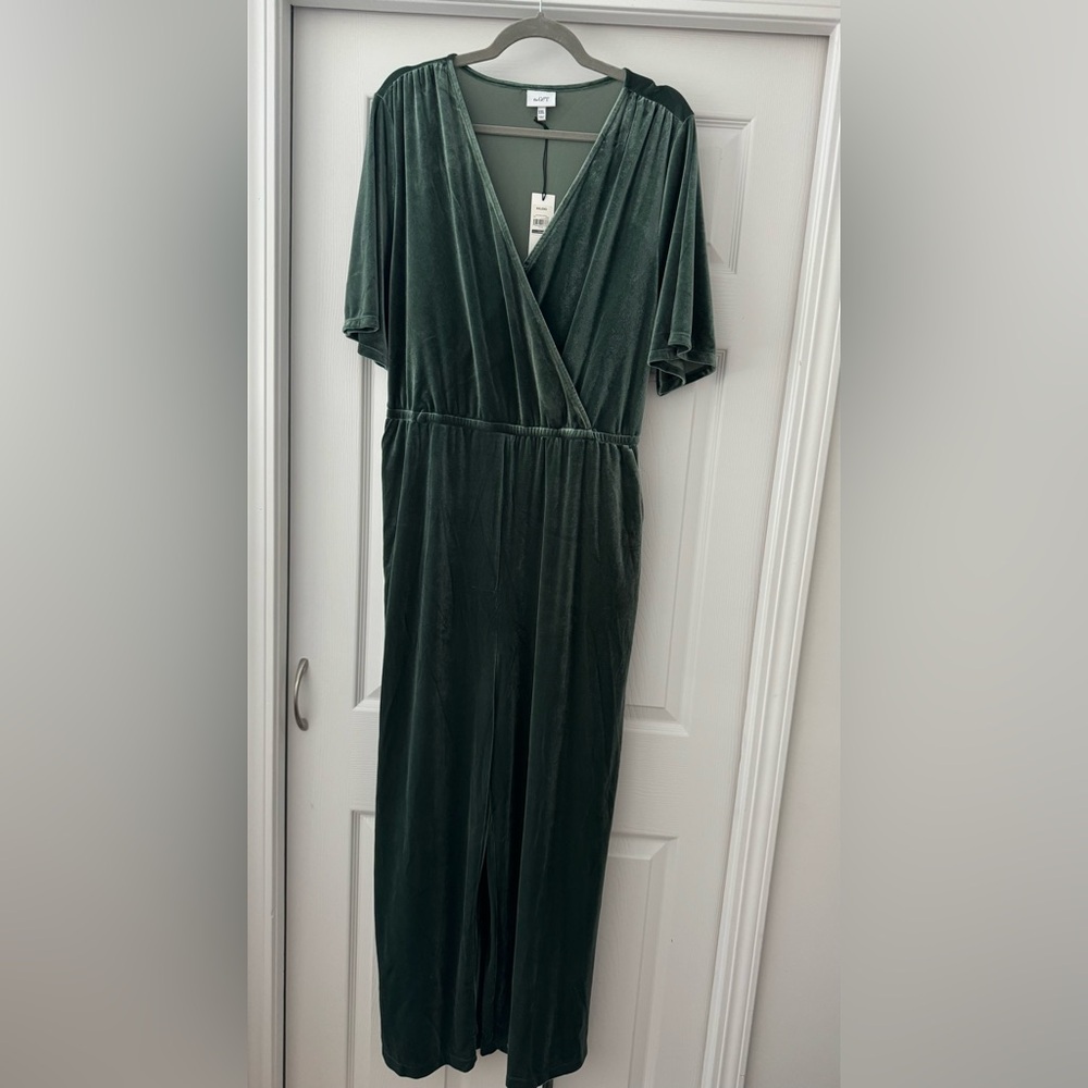 Green velvet wrap jumpsuit